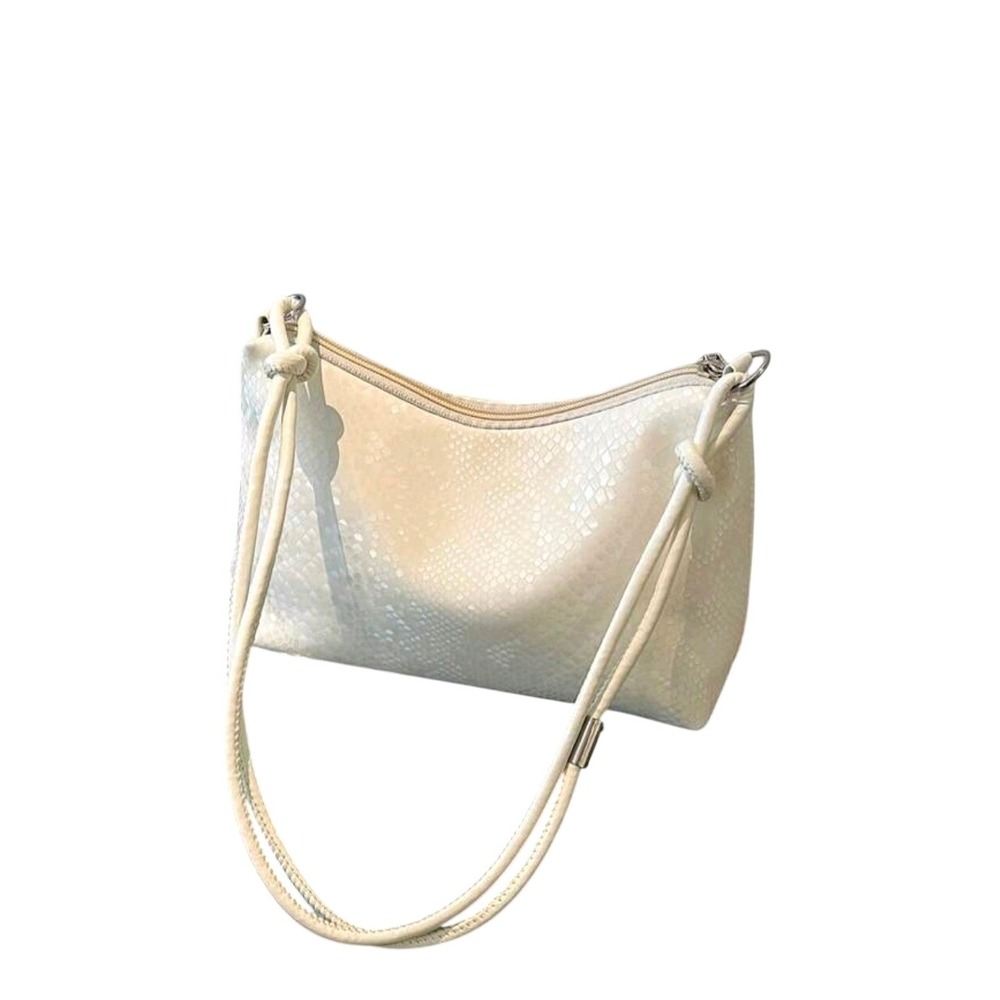 White Faux Snakeskin‎ Baguette Shoulder Bag Knotted Strap Chic Handbag